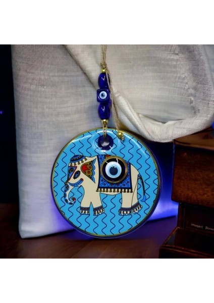 Yaldızlı Fil Modelli Nazar Boncuklu Duvar Süsü Mavi Camlı Duvar Dekoru indirimleri