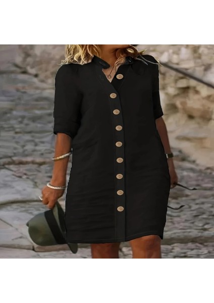 Kadın Kısa Kollu Hakim Yaka Önden Düğmeli Kısa Müslim Elbise