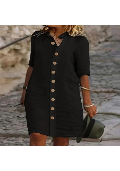 Kadın Kısa Kollu Hakim Yaka Önden Düğmeli Kısa Müslim Elbise modelleri