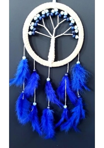 Saks Mavisi Kuş Tüylü Hayat Ağacı Düş Kapanı Dream Catcher Duvar Süsü