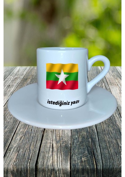 Nyanmar Ülke Bayrağı Bayrak Baskılı Türk Kahvesi Fincanı Tabaklı Kişiye Özel Model 2 fiyatları