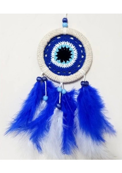 Saks Mavisi Kuş Tüylü Nazar Boncuğu Motifli El Yapımı Duvar Süsü