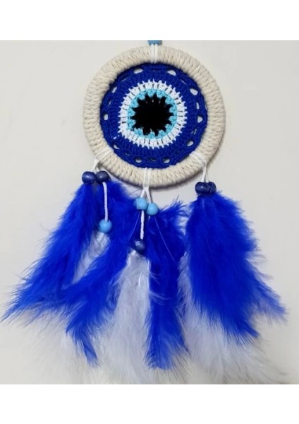 Saks Mavisi Kuş Tüylü Nazar Boncuğu Motifli El Yapımı Duvar Süsü modelleri