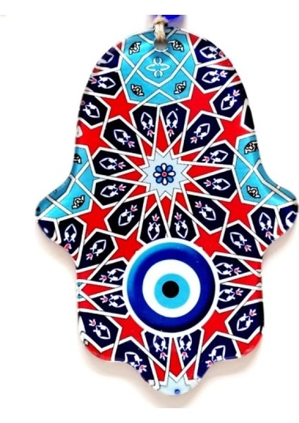 Yıldız ve Nazar Boncuğu Desenli Fatma Ana Bereket Eli Füzyon Cam Duvar Süsü
