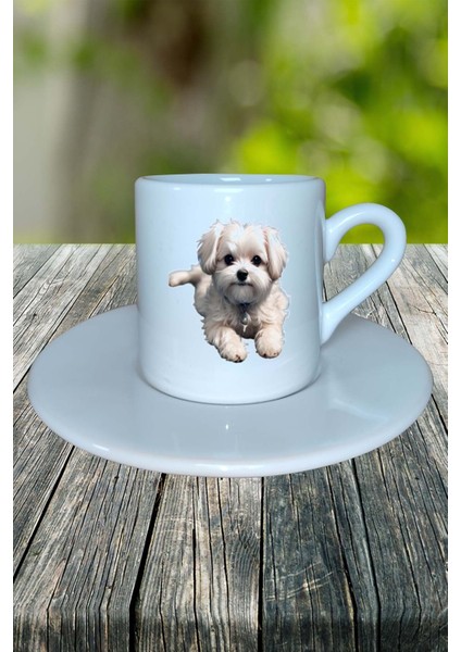 Maltese Terrier Köpek Baskılı Türk Kahvesi Fincanı Tabaklı Kişiye Özel Model 9