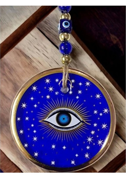 Yaldızlı Mavi Renk Yıldız Motifli Gözlü Duvar Süsü Cam Duvar Dekoru