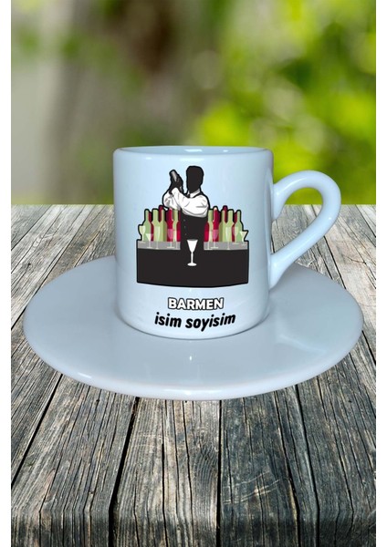 Barmen Meslek Baskılı Türk Kahvesi Fincanı Tabaklı Kişiye Özel Model 8