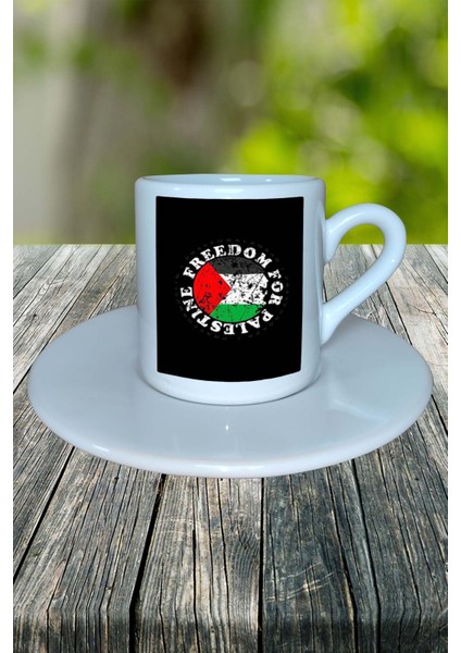 Filistin Ülke Bayrağı Bayrak Baskılı Türk Kahvesi Fincanı Tabaklı Kişiye Özel Model 15