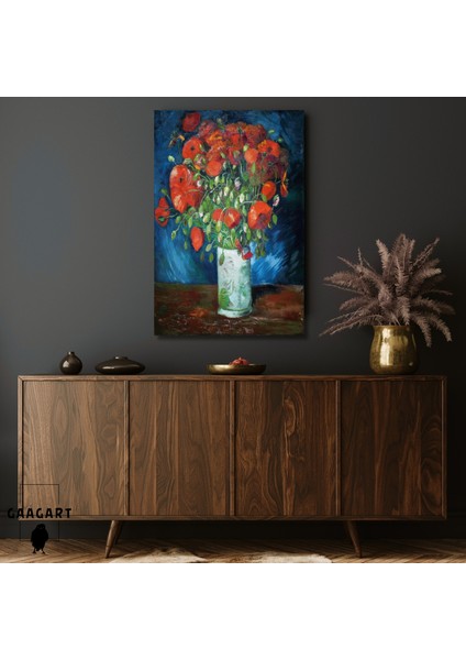 Tekli Dikey Kanvas Tablo Ünlü Eserler Van Gogh Gelincikli Vazo