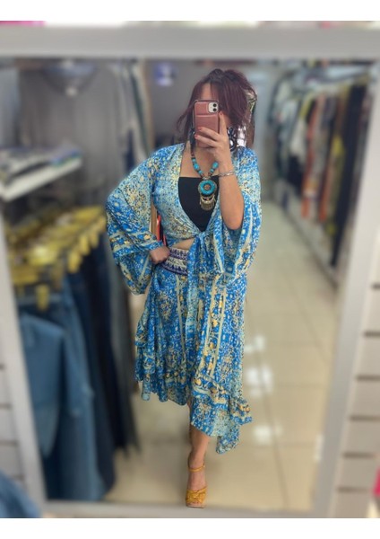 Italyan Mavi Renk Etnik Desen Ipek Etek-Bluz Takım fiyatları