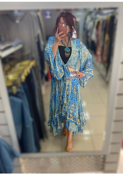 Italyan Mavi Renk Etnik Desen Ipek Etek-Bluz Takım modelleri