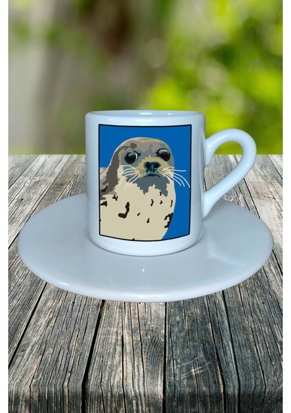 Fok Balığı Baskılı Türk Kahvesi Fincanı Tabaklı Kişiselleştirilebilir Model 7