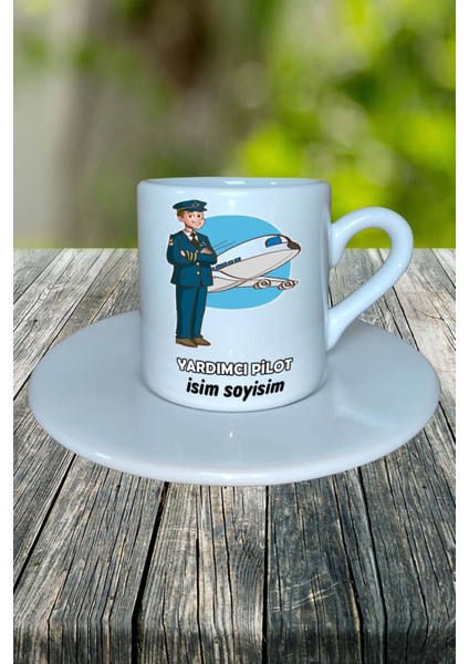 Yardımcı Pilot Meslek Baskılı Türk Kahvesi Fincanı Tabaklı Kişiye Özel Model 1