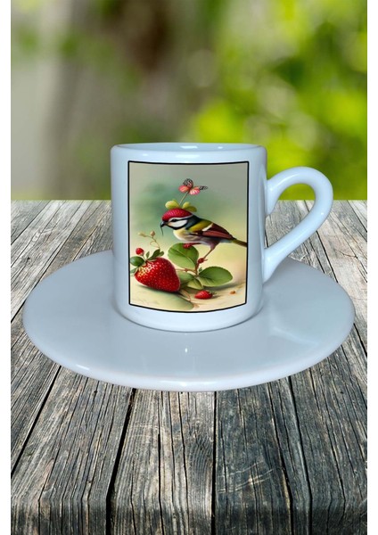 Kuş Baskılı Türk Kahvesi Fincanı Tabaklı Kişiselleştirilebilir Model 7