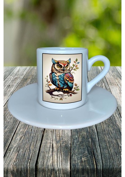 Baykuş Baskılı Türk Kahvesi Fincanı Tabaklı Kişiselleştirilebilir Model 8