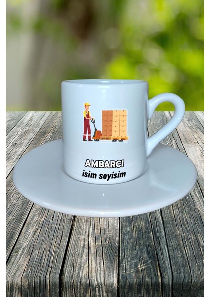 Ambarcı Meslek Baskılı Türk Kahvesi Fincanı Tabaklı Kişiye Özel Model 1
