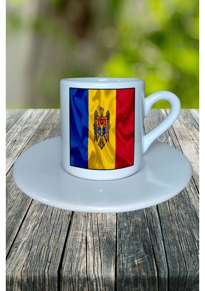 Moldova Ülke Bayrağı Bayrak Baskılı Türk Kahvesi Fincanı Tabaklı Kişiye Özel Model 1