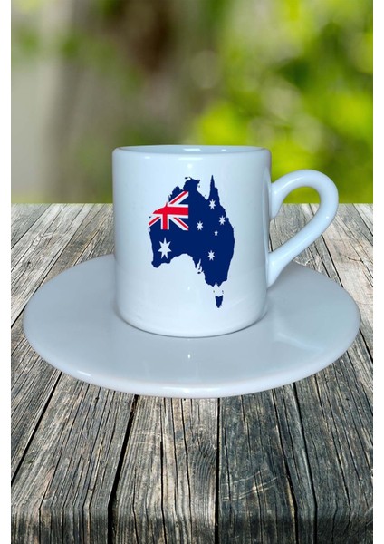 Australia Ülke Bayrağı Bayrak Baskılı Türk Kahvesi Fincanı Tabaklı Kişiye Özel Model 1