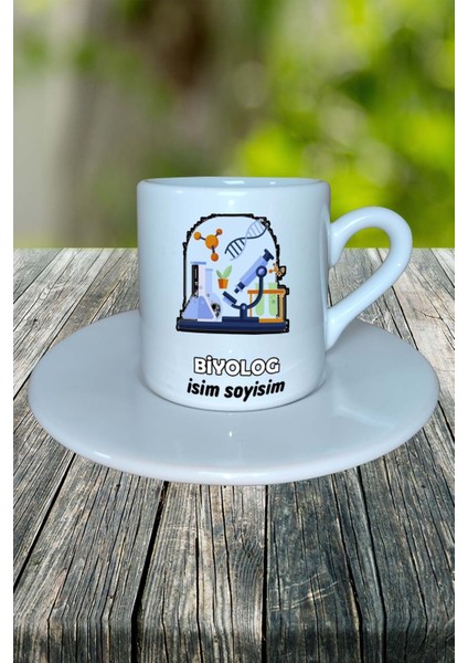 Biyolog Meslek Baskılı Türk Kahvesi Fincanı Tabaklı Kişiye Özel Model 1