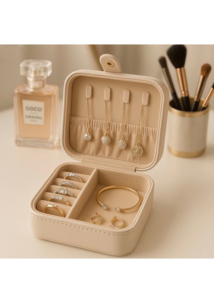Deri Mini Baklava Desenli Seyahat Takı Bijuteri Mücevher Kutusu Organizer Düzenleyici 11,5cm Krem Ithal Ürün