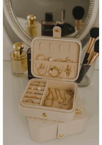 Deri Mini Baklava Desenli Seyahat Takı Bijuteri Mücevher Kutusu Organizer Düzenleyici 11,5cm Krem Ithal Ürün fiyatları