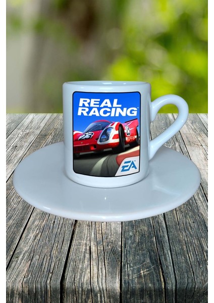 Real Racing Mobil Oyun Baskılı Türk Kahvesi Fincanı Tabaklı Kişiye Özel Model 1