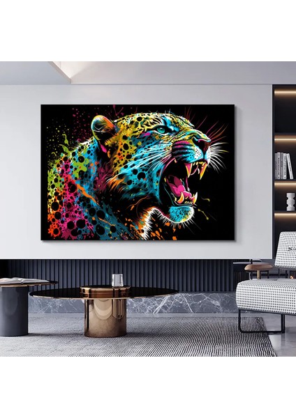 Renkli Soyut Jaguar Tablosu, Boya Sıçramalı Büyük Kedi Orman Duvar Sanatı