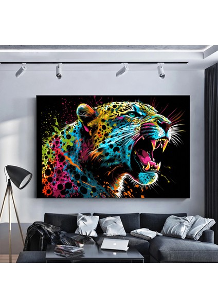 Renkli Soyut Jaguar Tablosu, Boya Sıçramalı Büyük Kedi Orman Duvar Sanatı fiyatları