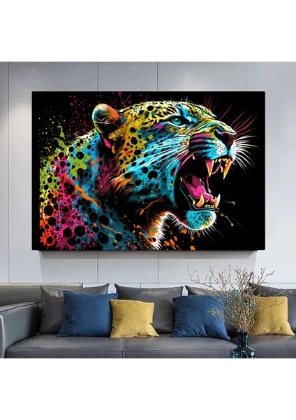 Renkli Soyut Jaguar Tablosu, Boya Sıçramalı Büyük Kedi Orman Duvar Sanatı modelleri