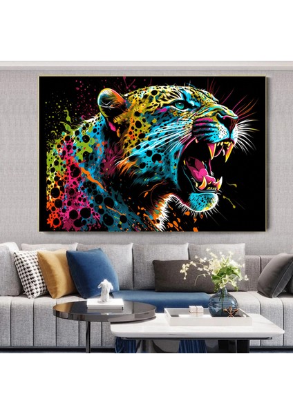 Renkli Soyut Jaguar Tablosu, Boya Sıçramalı Büyük Kedi Orman Duvar Sanatı fırsatları