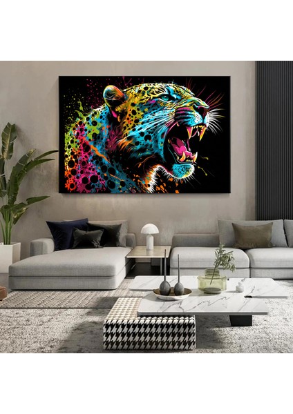 Renkli Soyut Jaguar Tablosu, Boya Sıçramalı Büyük Kedi Orman Duvar Sanatı indirimleri