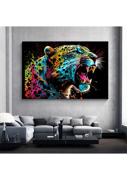 Renkli Soyut Jaguar Tablosu, Boya Sıçramalı Büyük Kedi Orman Duvar Sanatı