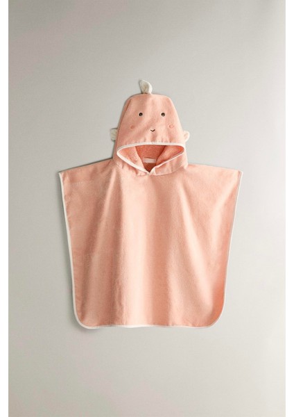 Pamuklu Somon Kapüşonlu Çocuk Ponço Havlu - Sevimli Yüz Desenli