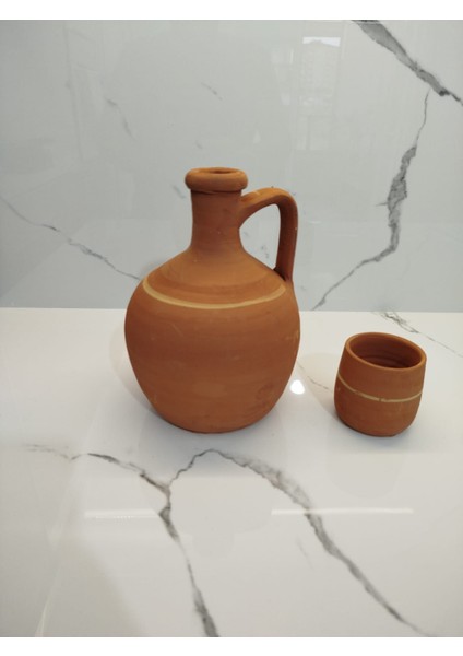 Dolap Boy El Yapımı Kahverengi Toprak Su Testisi (2 Litre) Buzdolabı Boyutuna Uygun (22 Cm) Bardak Hediyeli