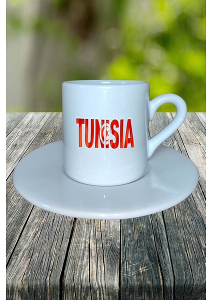Tunus Ülke Bayrağı Bayrak Baskılı Türk Kahvesi Fincanı Tabaklı Kişiye Özel Model 2