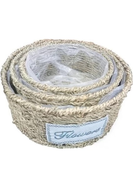 Yuvarlak Doğal Hasır Saksı Seti - 3'lü