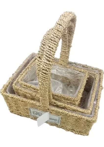 Kare Doğal Hasır Sepet Seti - 3'lü