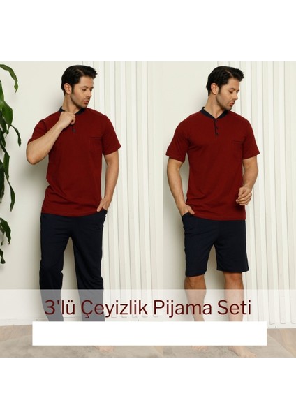 Erkek Kısa Kollu Yaka Düğmeli ve Cepli 3'lü Pijama Takım 2387