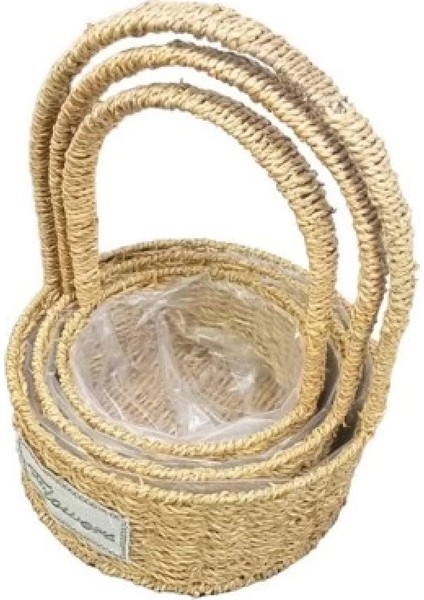 Yuvarlak Doğal Hasır Sepet Seti - 3'lü