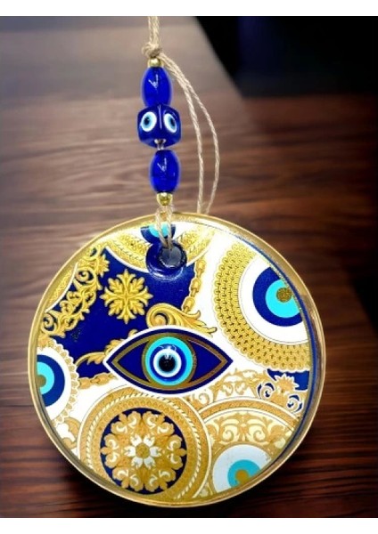 Sarı Motifli Mavi Işlemeli Nazar Boncuk Gözlü Duvar Süsü