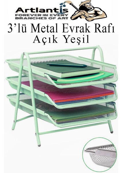 Evrak Rafı Metal 3 Lü Yeşil 1 Paket Masaüstü A4 Dosya Düzenleyici Kağıt Tepsisi Metal Çelik Fileli Üç Katlı Hareketli