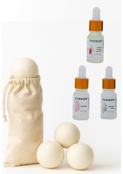 Çamaşır Yün Kurutma Topu 3'lü + Doğal Koku Seti – Beyaz Gül, Japon Kiraz Çiçeği, Pudra