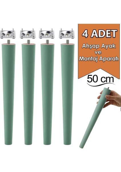 4 Adet Ahşap Ayak 50 cm Su Yeşili M8 Civatalı Bağlantı Aparatlı Mobilya Tabure Sehpa Masa Destek Ayağı