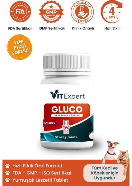 Kedi ve Köpekler Için Glukozamin Eklemlerin Sağlığı Destekleyici Lezzetli Yumuşak Gluco Tablet 60'lı