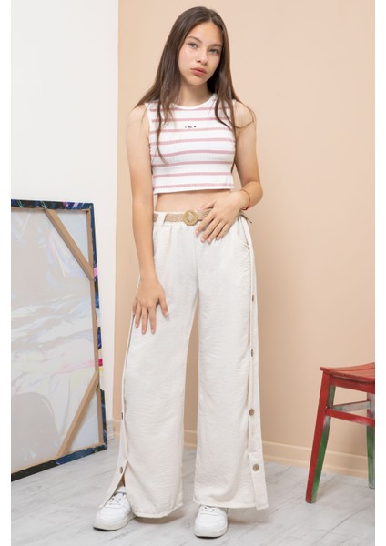 Krem Düğme Detaylı Geniş Paça Kız Çocuk Kemerli Pantolon 21150