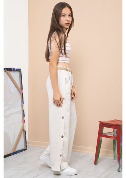 Krem Düğme Detaylı Geniş Paça Kız Çocuk Kemerli Pantolon 21150 fiyatları