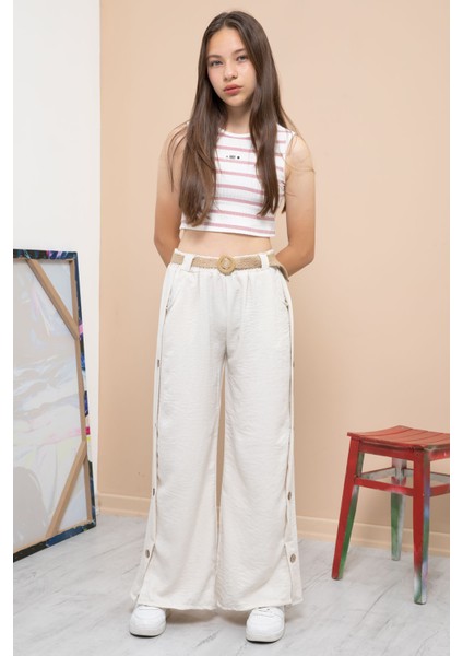 Krem Düğme Detaylı Geniş Paça Kız Çocuk Kemerli Pantolon 21150 modelleri