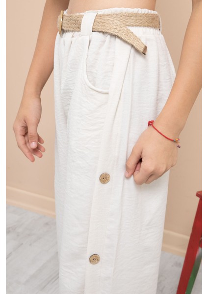 Krem Düğme Detaylı Geniş Paça Kız Çocuk Kemerli Pantolon 21150 fırsatları