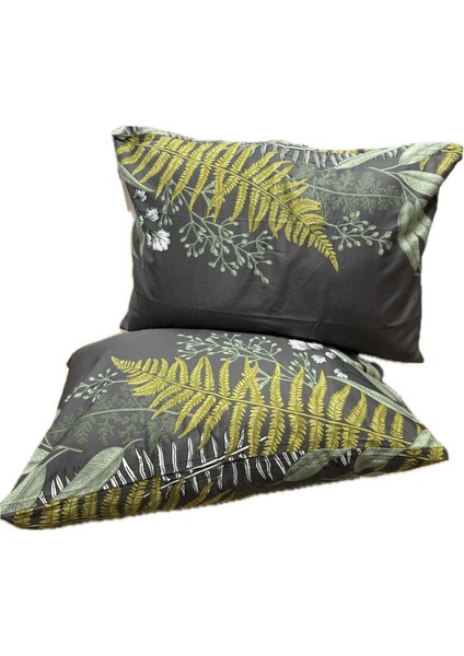 Ranforce %100 Pamuk 2 Adet Yastık Kılıfı Yaprak Desenli Siyah-Sarı