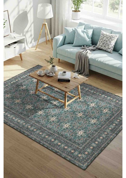 Relic Yeşil Vintage Dokulu Geleneksel Desenli Dokuma Tabanlı Şönil Halı Al 481